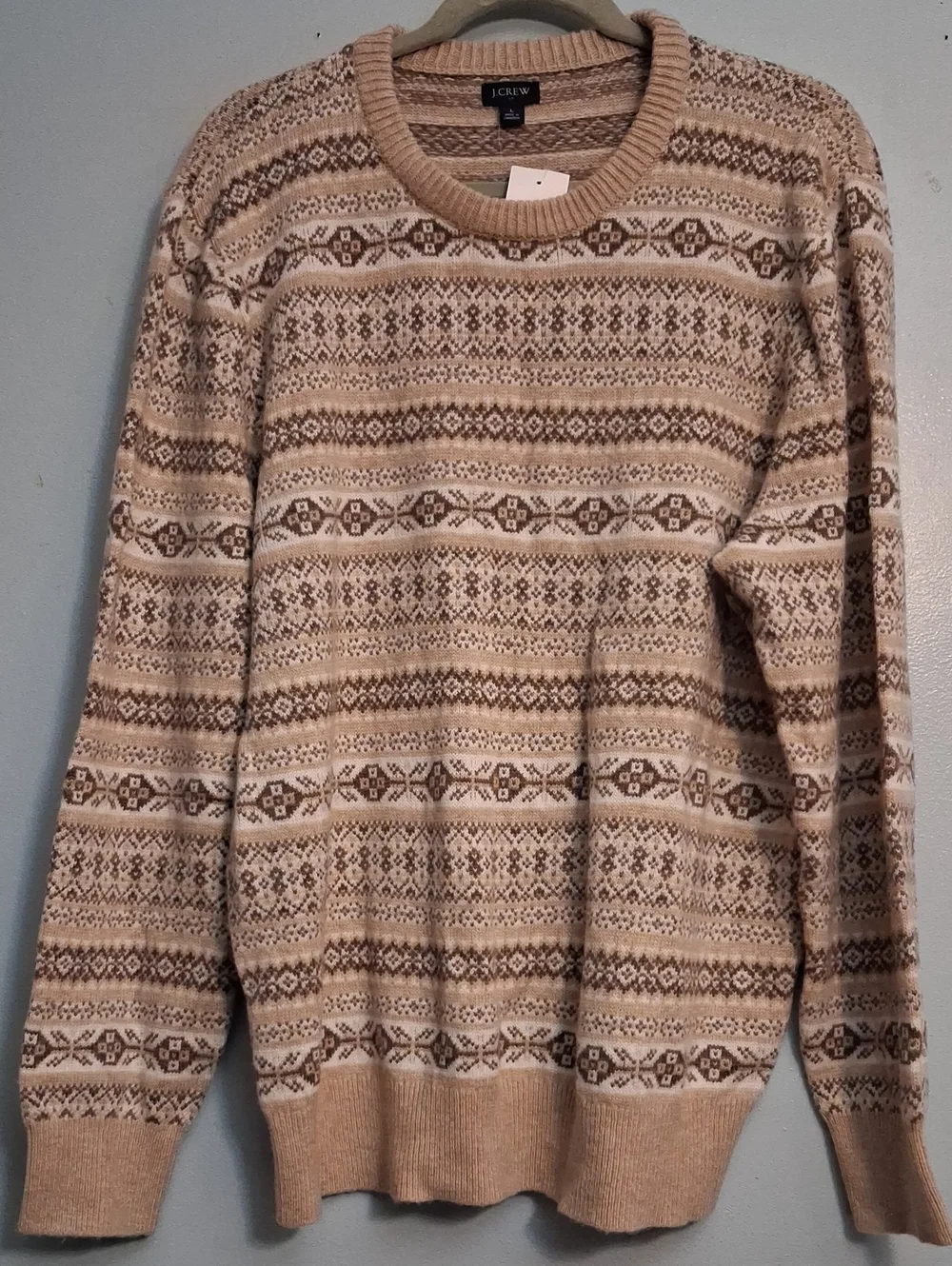 J. Crew Factory Men's Large Lamb Wool Beige and Cream Fair Isle Crewneck Sweater